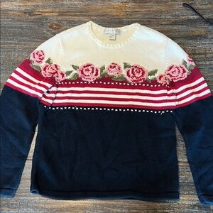 Petite Sophisticate Floral Stripe Sweater - Cream, Red, Navy